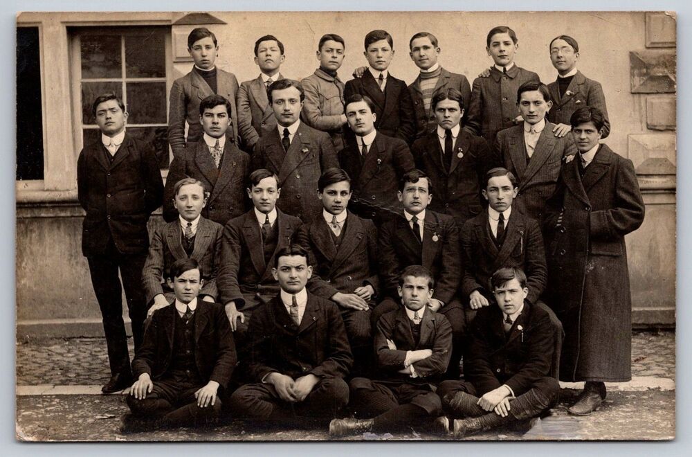 Antique French RPPC Postcard School Boys Class Photo Men Suits Uniforms c1910s